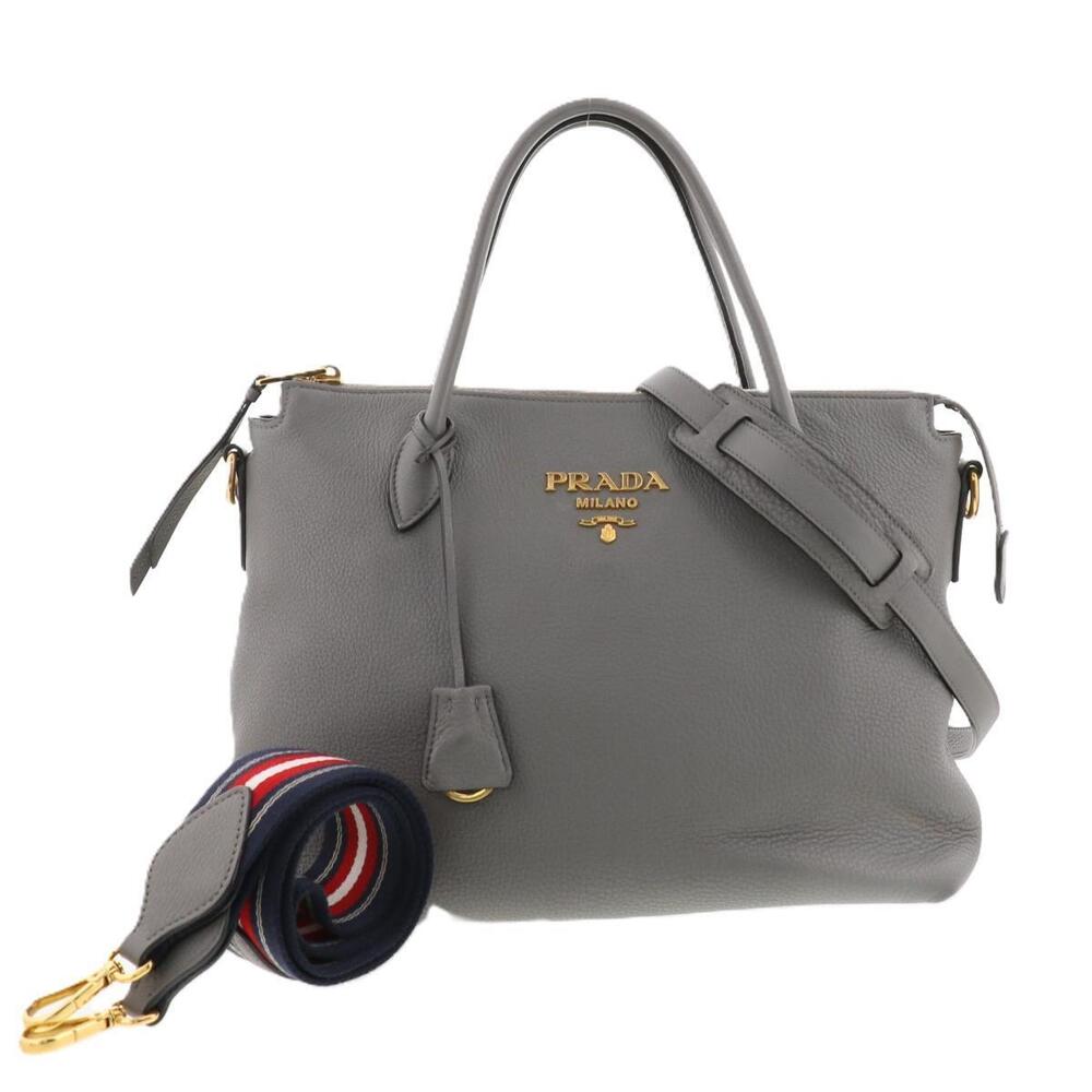 PRADA Vitello Daino Tote Bag Handbag Gray Leather